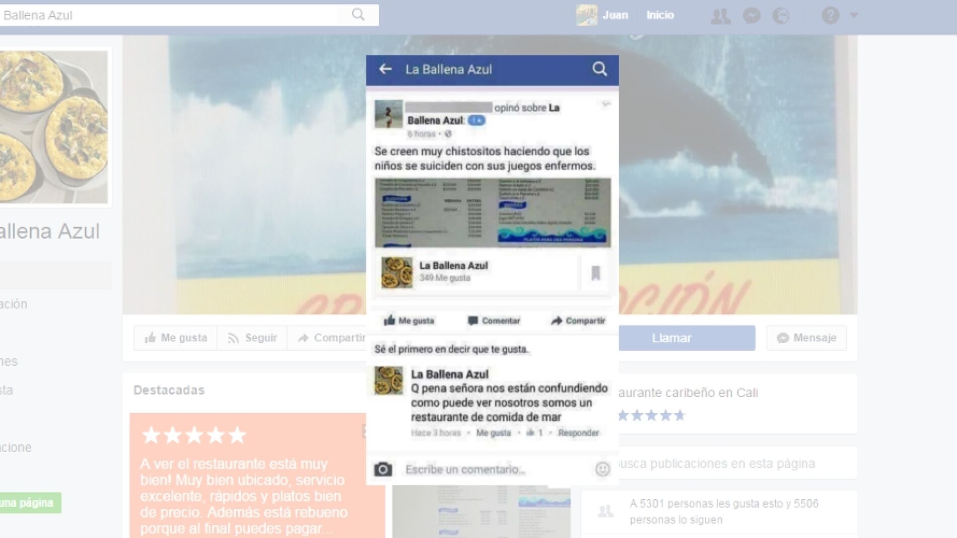Facebook del restaurante La Ballena Azul