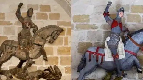 El antes y el después de la escultura de San Jorge en la iglesia de San Miguel de Estella El antes y el después de la escultura de San Jorge en la iglesia de San Miguel de Estella