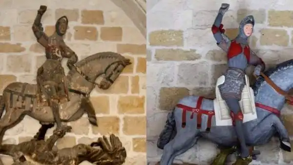 El antes y el después de la escultura de San Jorge en la iglesia de San Miguel de Estella