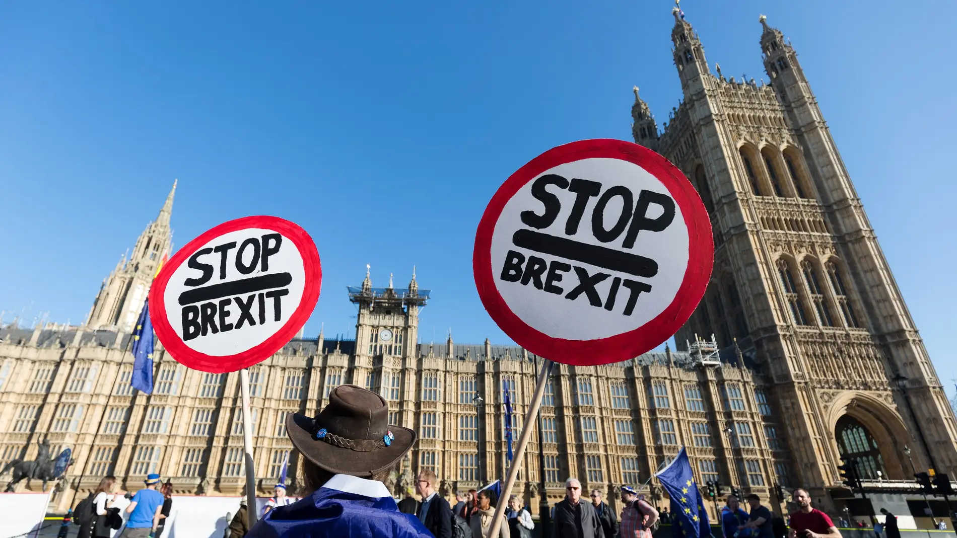 Un hombre se manifiesta contra el ''brexit'' durante una protesta en el exterior del Parlamento británico