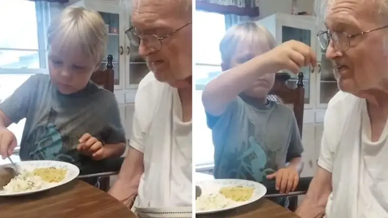 Nieto dando de comer a su bisabuelo
