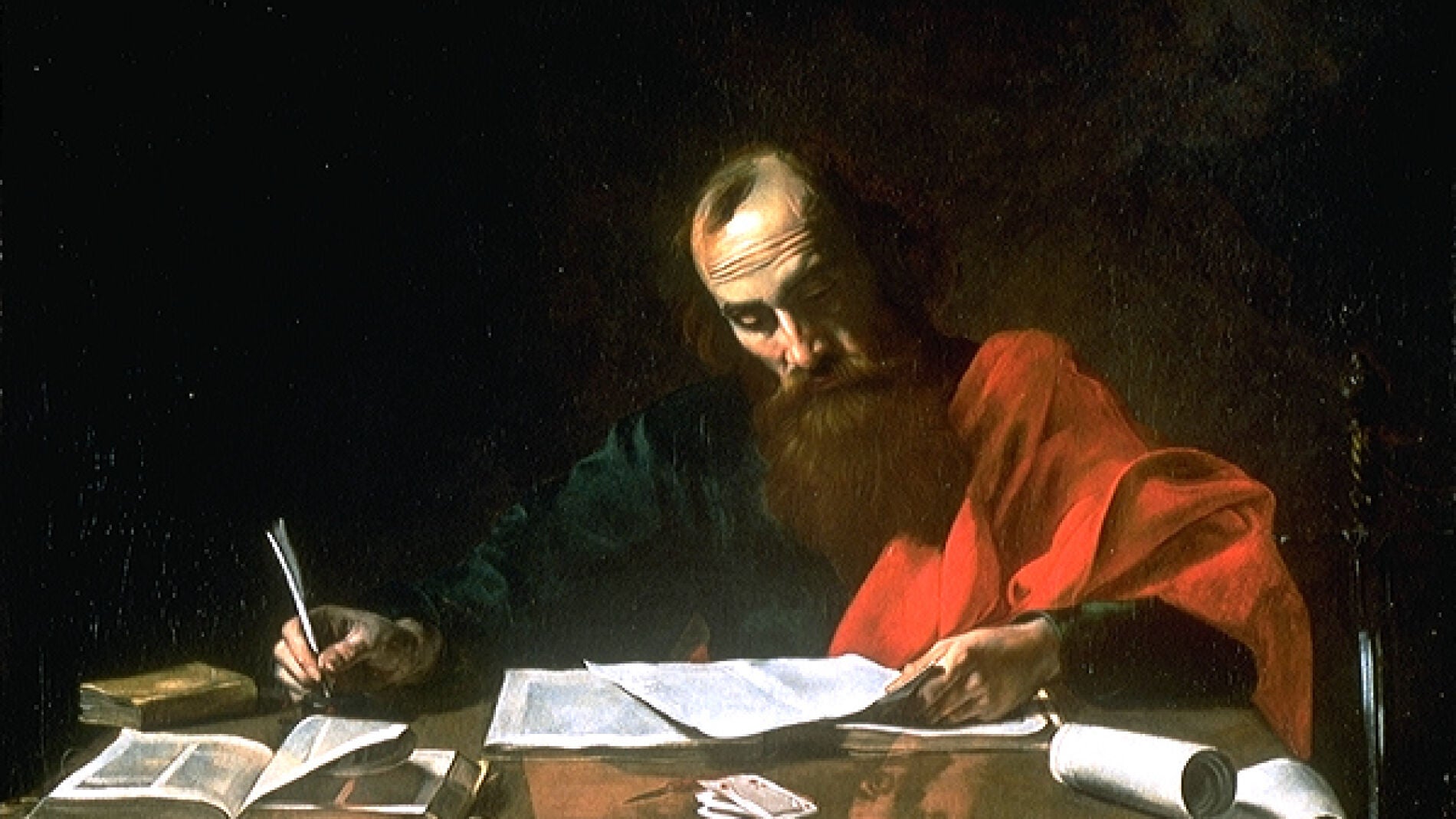 San Pablo escribiendo sus ep&iacute;stolas, por Valent&iacute;n de Boulogne