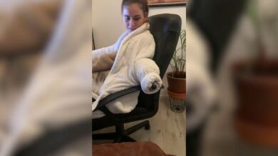 VÍDEO: Un perro se acurruca dentro del albornoz de su dueña