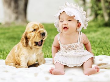 Un bebé y un perro riendo juntos