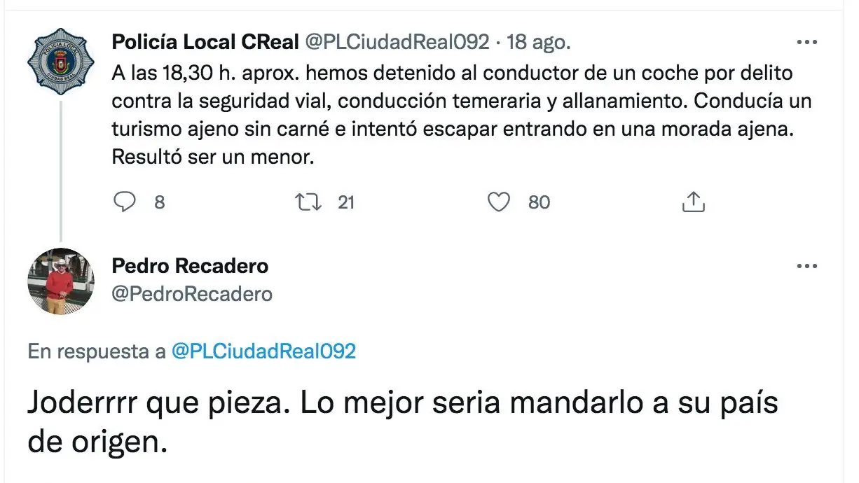 La demoledora respuesta de la policía de Ciudad Real a un tuit racista