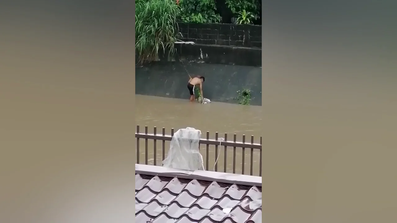 Un adolescente arriesga su vida para salvar a un perro durante un tifón en Filipinas