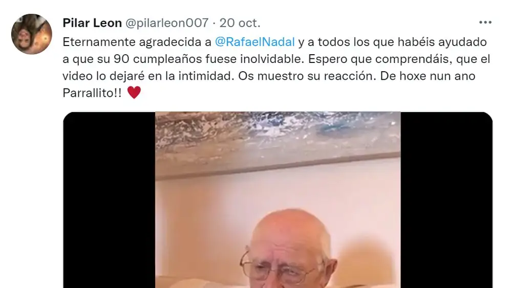  El emotivo vídeo de Rafa Nadal felicitando a este abuelo por su 90 cumpleaños