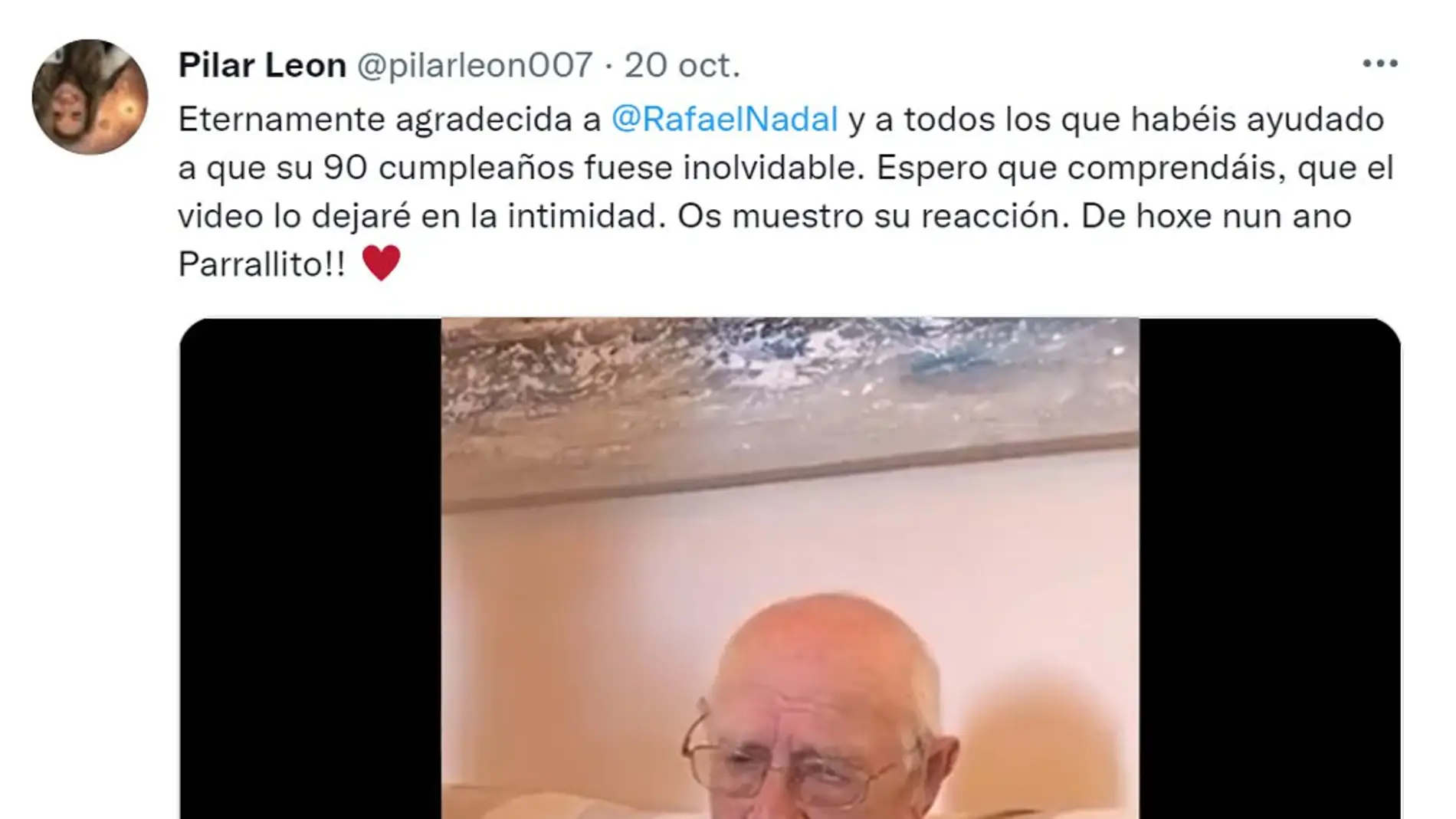 El emotivo vídeo de Rafa Nadal felicitando a este abuelo por su 90 cumpleaños