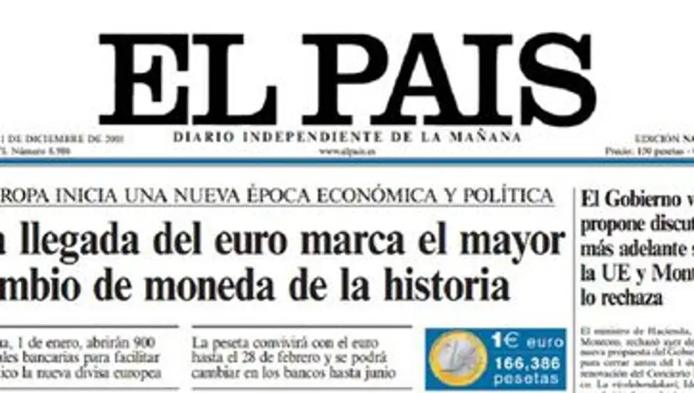 Portada de EL PAÍS del día previo a la llegada del euro