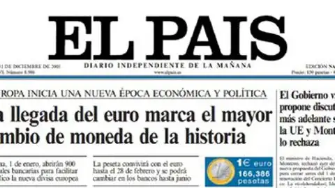 Portada de EL PAÍS del día previo a la llegada del euro Portada de EL PAÍS del día previo a la llegada del euro