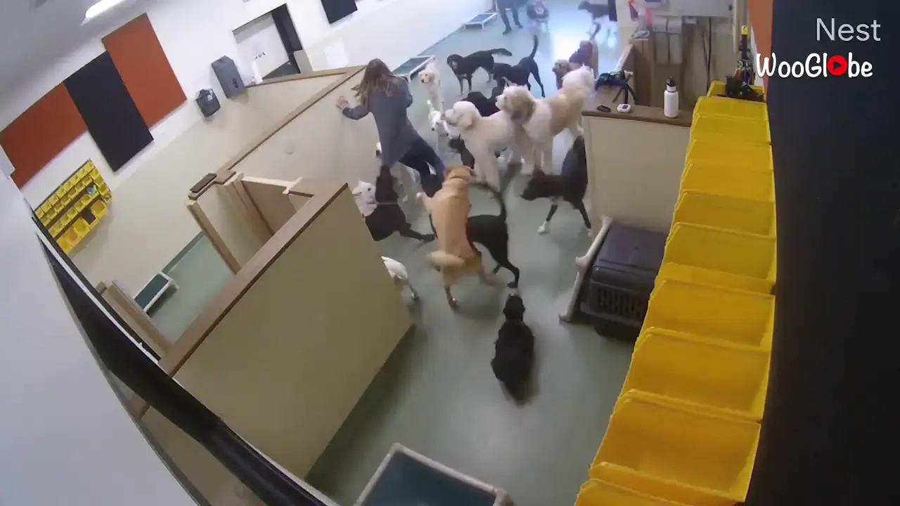 Una entrenadora es derrumbada por un grupo excitado de perros