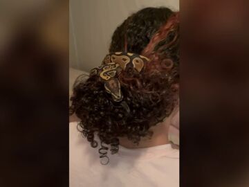 Una trabajadora de un zoo usa una serpiente como coletero