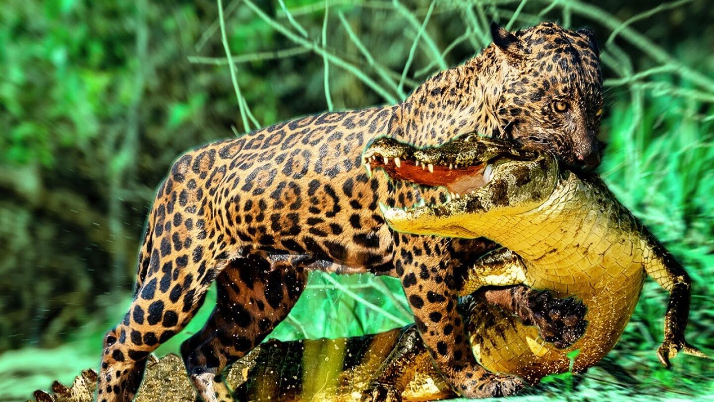 Jaguar ataca a un caim&aacute;n