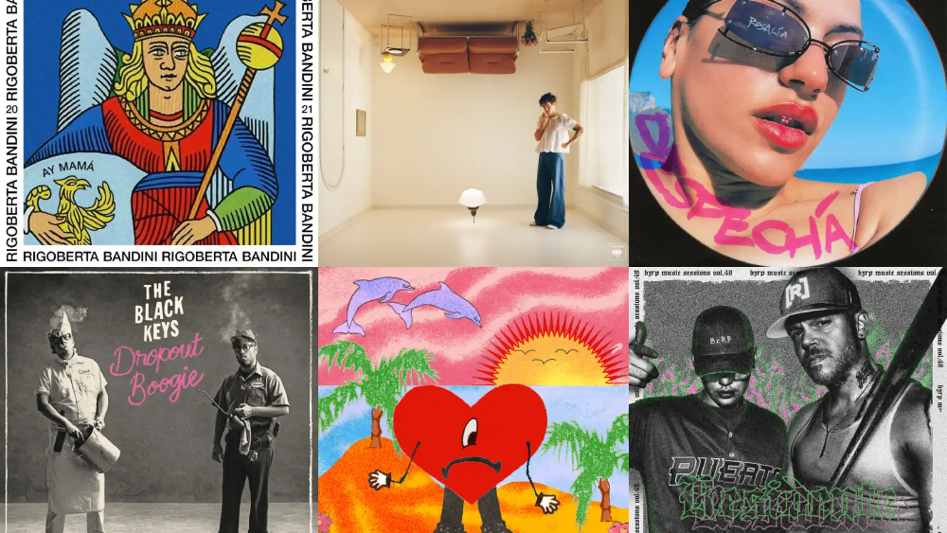 Portadas de Rigoberta Bandini, Harry Styles, Rosalía, The Black Keys, Bad Bunny y Bizarrap