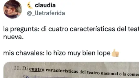 La genial respuesta de un alumno en un examen de literatura: Di cuatro características del teatro nacional o la comedia nueva Fotografía a examen