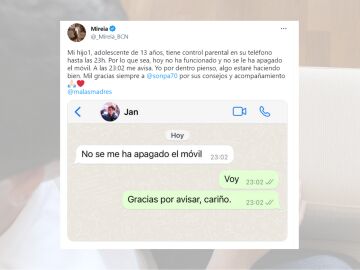 Tuit de Miria con el mensaje de su hijo