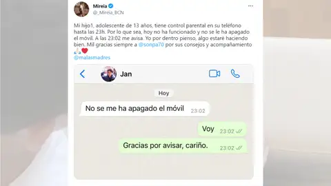 Tuit de Miria con el mensaje de su hijo Tuit de Miria con el mensaje de su hijo
