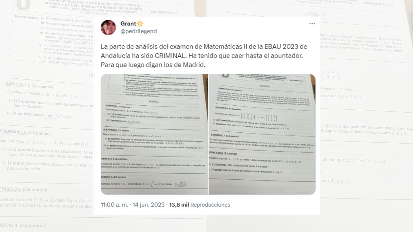 Tuit sobre el pol&eacute;mico examen de Matem&aacute;ticas II en la EBAU de Andaluc&iacute;a