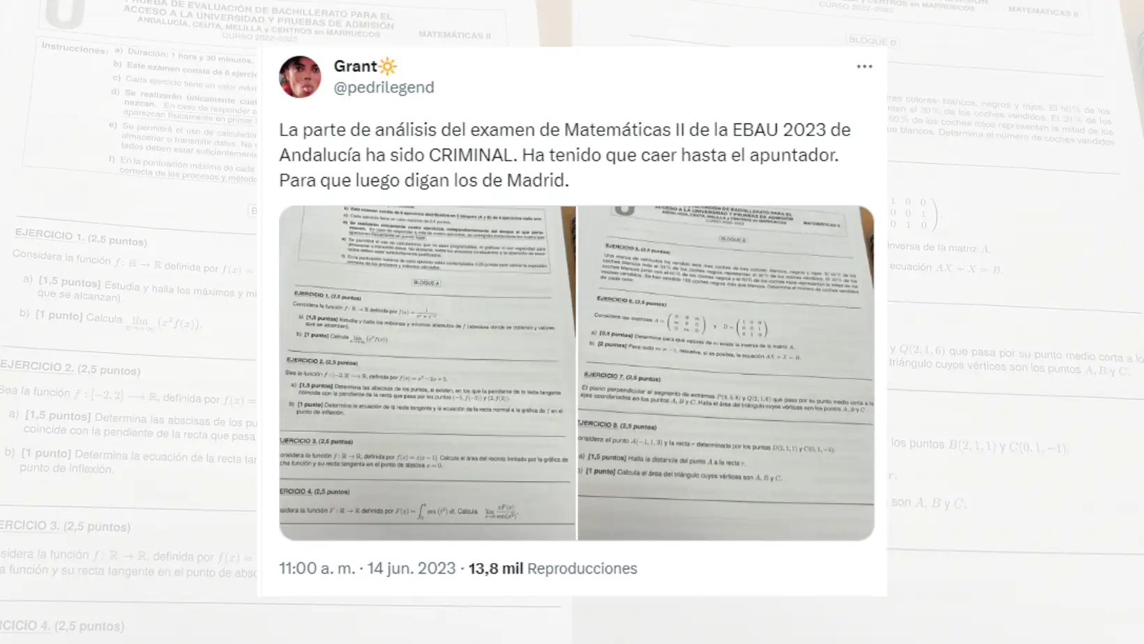 Tuit sobre el polémico examen de Matemáticas II en la EBAU de Andalucía