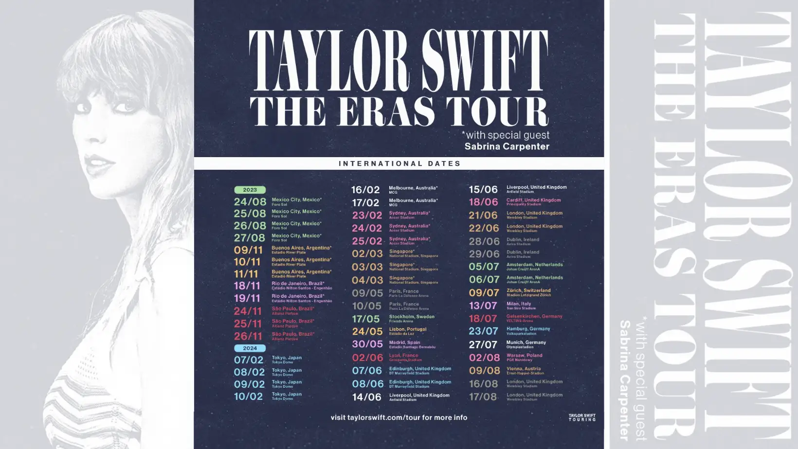 Cartel de las fechas internacionales de The Eras Tour de Taylor Swift