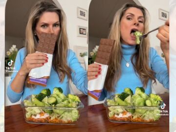 TikTok viral en el que huele una tableta de chocolate a la vez que come verduras.