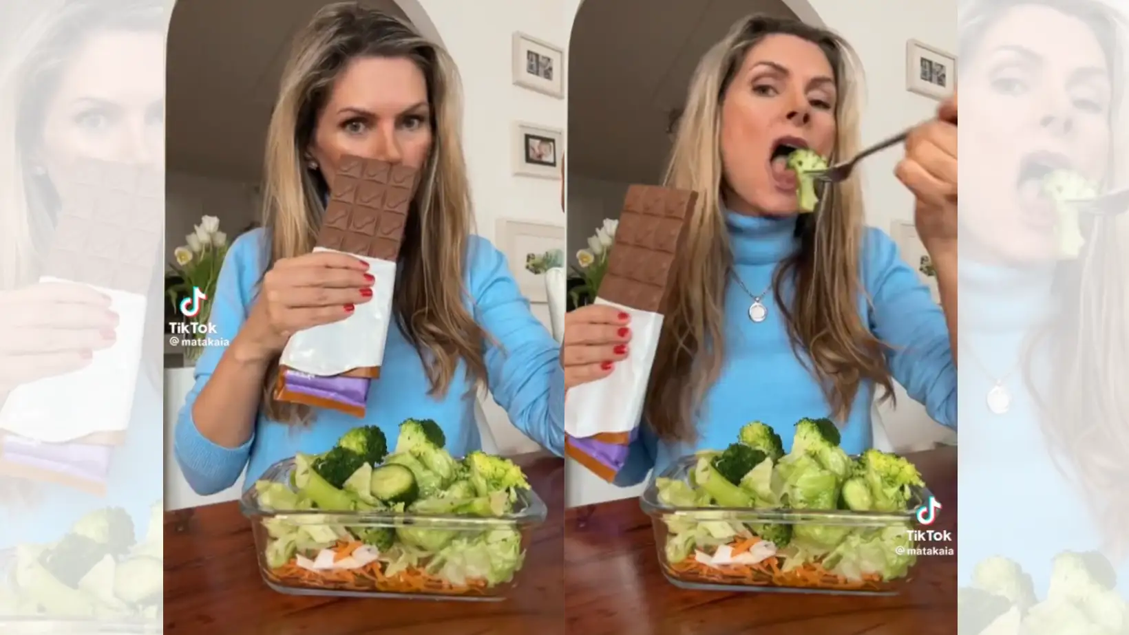 TikTok viral en el que huele una tableta de chocolate a la vez que come verduras.