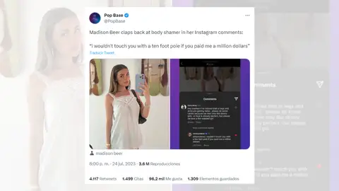 Respuesta de Madison Beer al comentario desagradable de un usuario. Respuesta de Madison Beer al comentario desagradable de un usuario.
