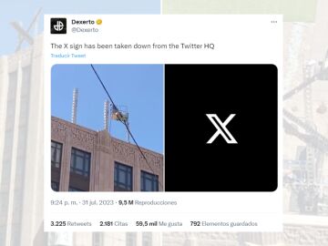 Tuit informativo sobre la retirada del cartel de la X de la sede de Twitter.