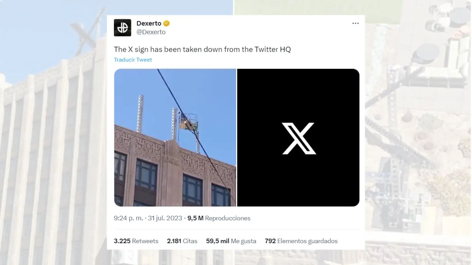 Tuit informativo sobre la retirada del cartel de la X de la sede de Twitter.