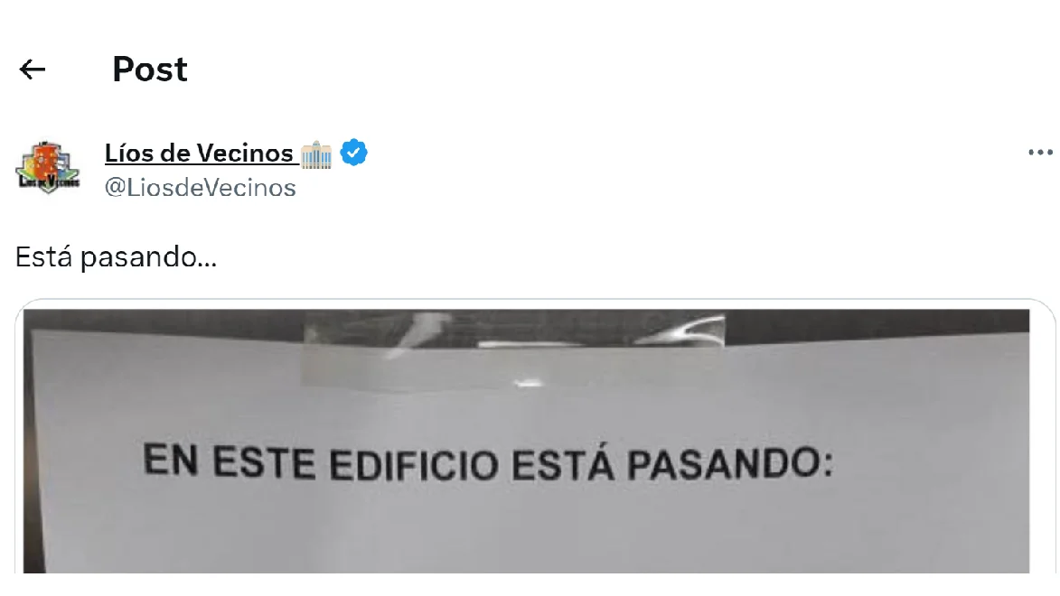 Pantallazo del tuit de @LiosdeVecinos Pantallazo del tuit de @LiosdeVecinos