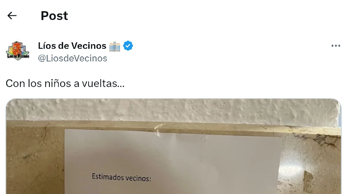Pantallazo del tuit de @LiosdeVecinos Pantallazo del tuit de @LiosdeVecinos