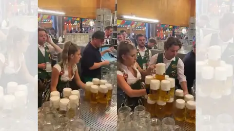 Camarera del Octoberfest llevando hasta 13 jarras de cerveza llena en un solo viaje. Camarera del Octoberfest llevando hasta 13 jarras de cerveza llena en un solo viaje.