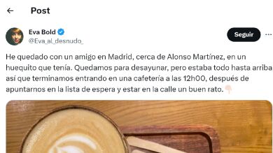 La experiencia de una tuitera en una cafetería del centro de Madrid que acabó con una llamada a la policía: 