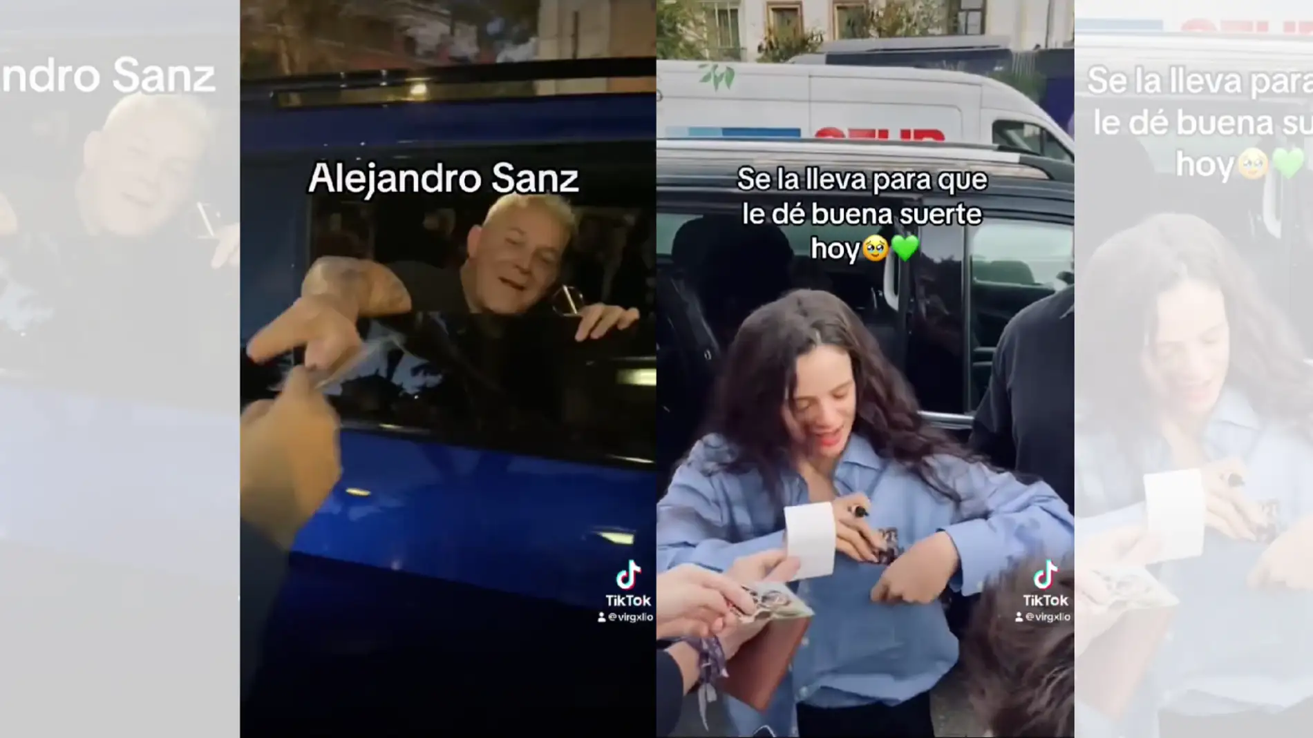 Alejandro Sanz y Rosalía recibiendo las estampitas de la Macarena.