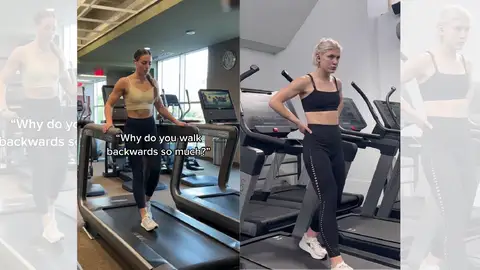 Tiktokers de fitness caminando hacia atrás en la cinta. Tiktokers de fitness caminando hacia atrás en la cinta.