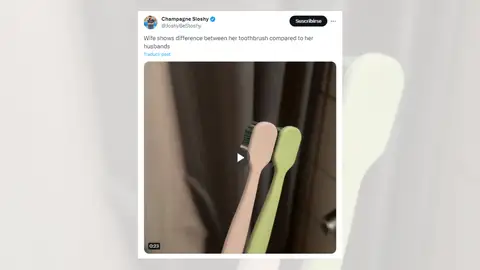 Tuit viral sobre la diferencia entre el cepillo de dientes de un hombre y una mujer. Tuit viral sobre la diferencia entre el cepillo de dientes de un hombre y una mujer.