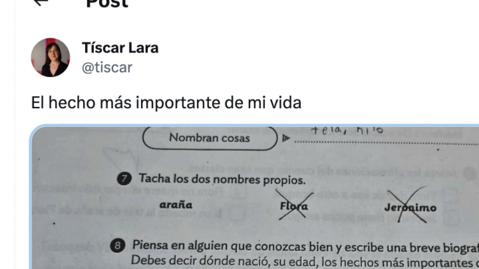 Le piden una biografía en un ejercicio de clase y la respuesta deja a su madre sin palabras: 