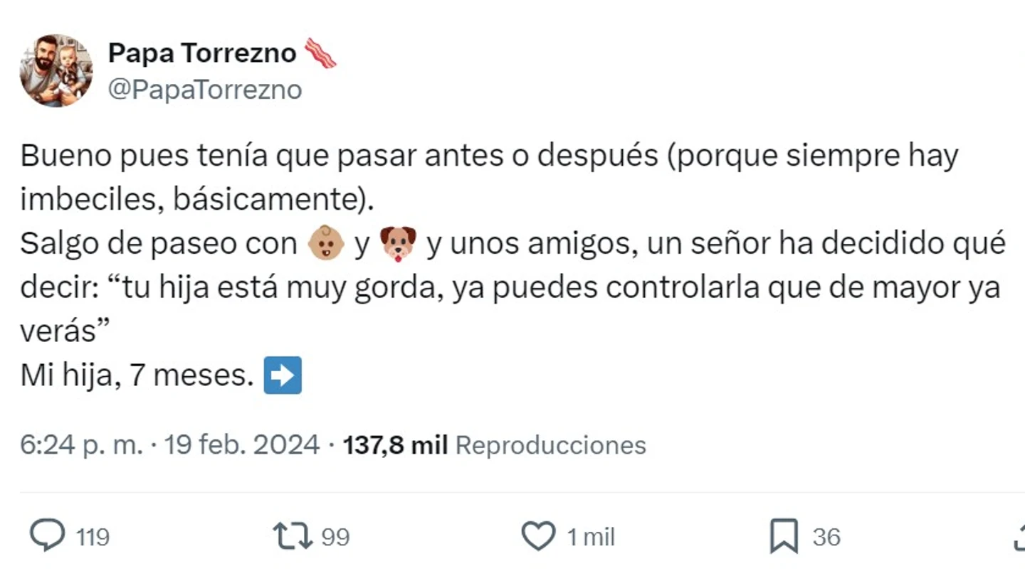 Tuit hija de 7 meses Tuit hombre llama gorda a bebé de 7 meses