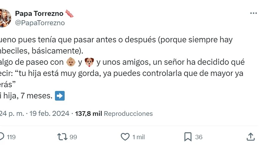 Tuit hija de 7 meses Tuit hombre llama gorda a bebé de 7 meses