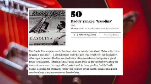 Gasolina de Daddy Yankee en las 500 mejores de la Rolling Stone Gasolina de Daddy Yankee en las 500 mejores de la Rolling Stone