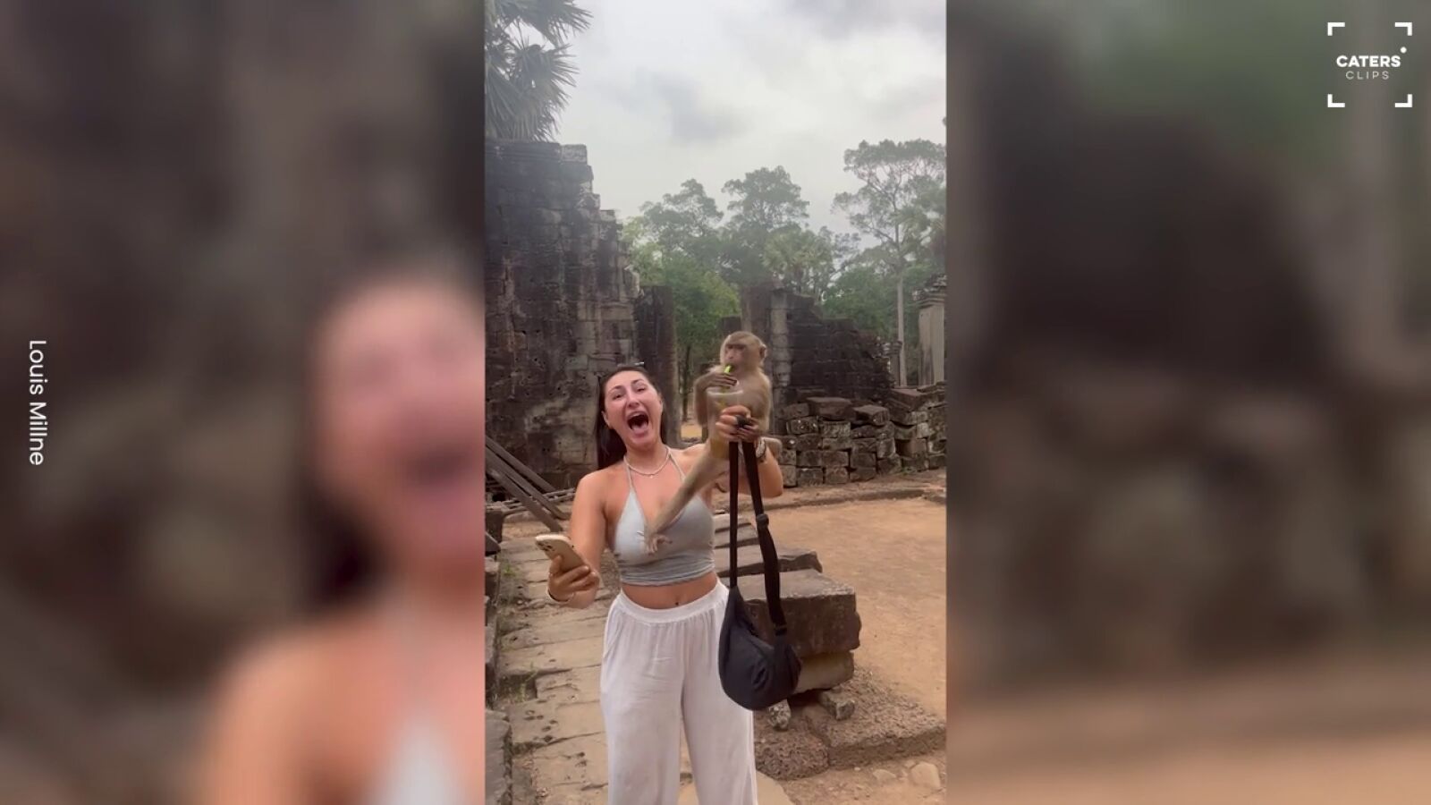 Un tiktoker graba el momento en que un mono trepa encima de su amiga para robarle su té helado