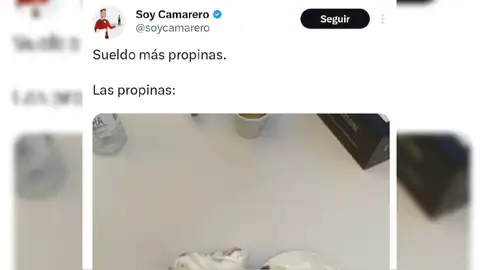 Tuit de la cuenta @soycamarero que muestra la desagradable propina a un camarero Tuit de la cuenta @soycamarero que muestra la desagradable propina a un camarero