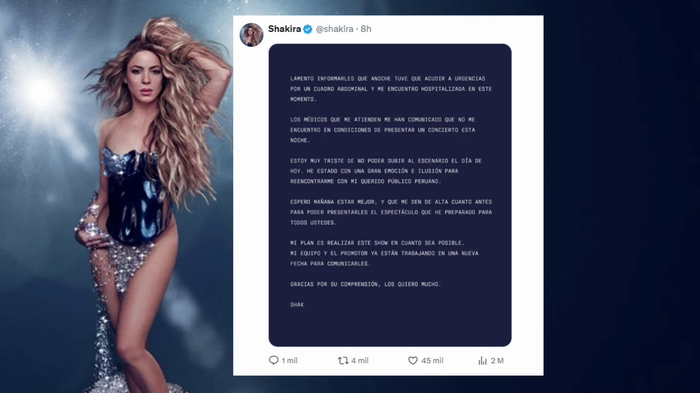 Shakira suspende su concierto en Lima tras ser hospitalizada de urgencia Shakira suspende su concierto en Lima tras ser hospitalizada de urgencia