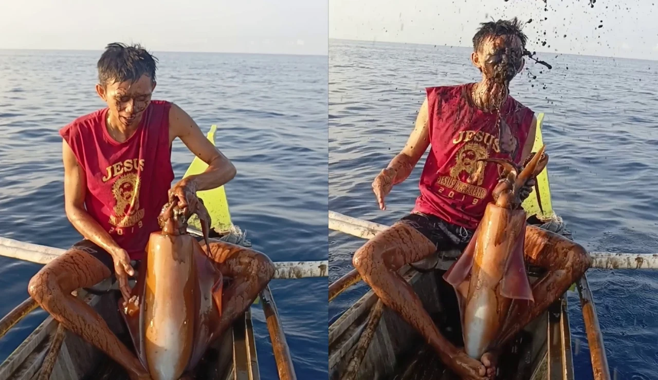 Un pescador se vuelve viral después de que un calamar gigante le arroje su tinta por sorpresa