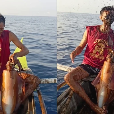 Un pescador se vuelve viral después de que un calamar gigante le arroje su tinta por sorpresa