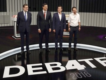 Mariano Rajoy, Pedro S&aacute;nchez, Albert Rivera y Pablo Iglesias, en el debate a cuatro