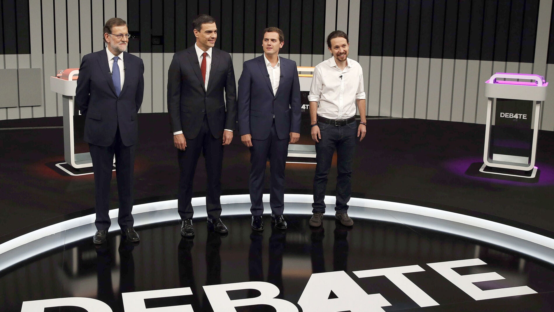 Mariano Rajoy, Pedro S&aacute;nchez, Albert Rivera y Pablo Iglesias, en el debate a cuatro