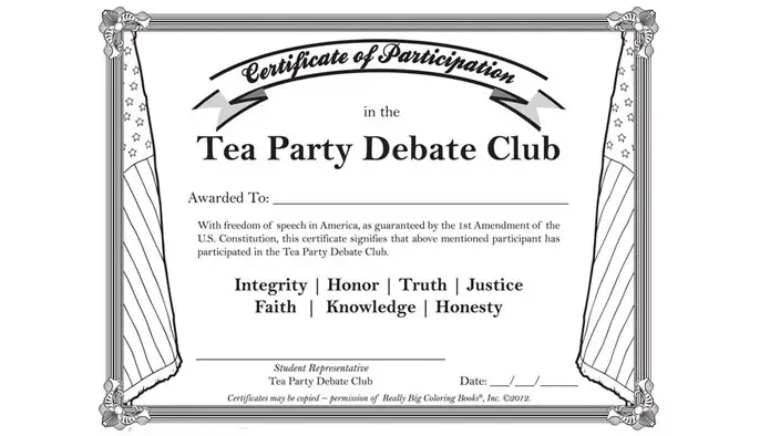 Diploma que acredita a los niños y niñas como membros del Club de debate del Tea Party.
