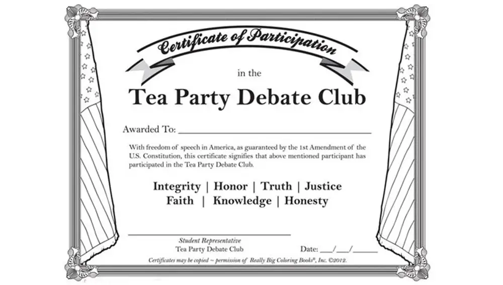 Diploma que acredita a los niños y niñas como membros del Club de debate del Tea Party.