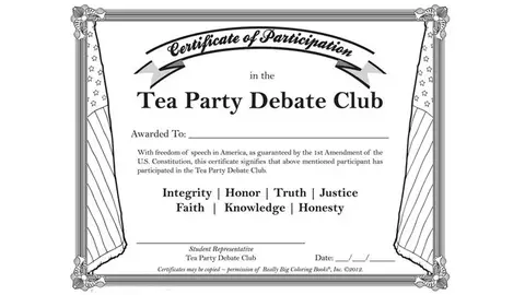 Diploma que acredita a los niños y niñas como membros del Club de debate del Tea Party. Diploma que acredita a los niños y niñas como membros del Club de debate del Tea Party.